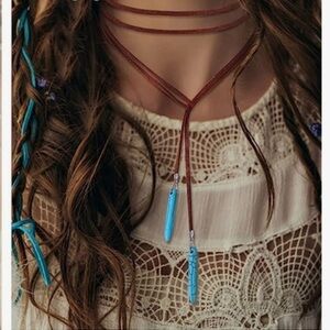 Leather and Turquoise Boho Chic Statement Necklace NWT